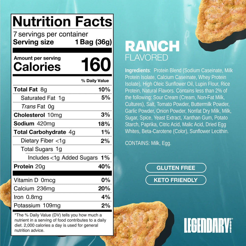 Back-of-pack image for Legendary Foods Ranch Flavored Popped Protein Chips showing the nutrition facts, ingredients, gluten free claim, and keto friendly claim.