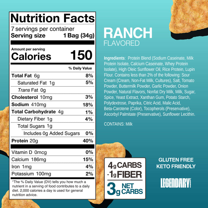 Nutrition panel and ingredient list for Legendary Foods Ranch Popped Protein Chips.