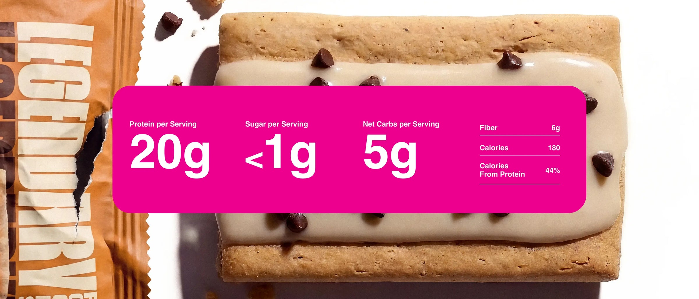 Zoomed in product photography with nutrition information for the S'mores Protein Pastry