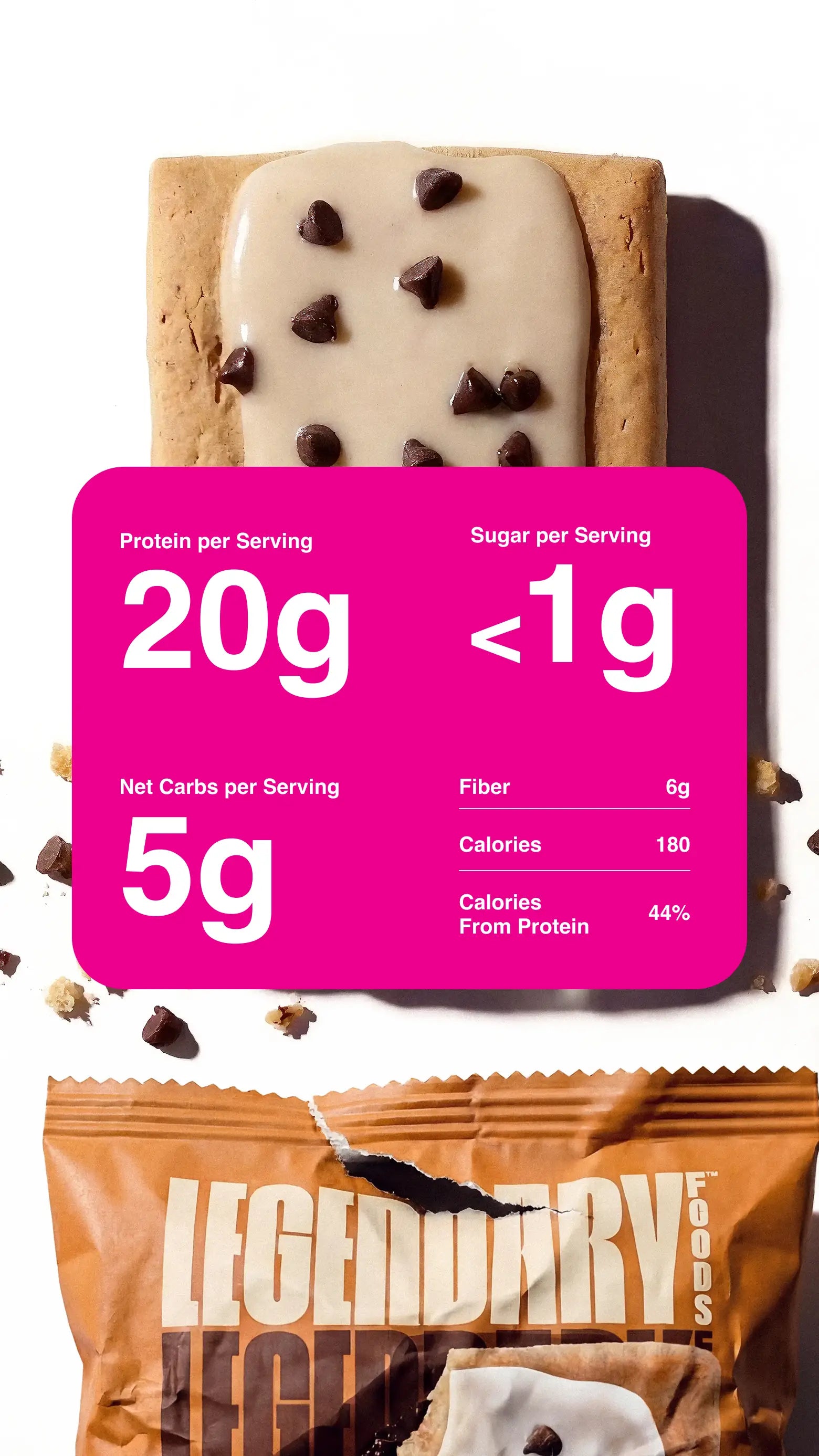 Zoomed in product photography with nutrition information for the S'mores Protein Pastry