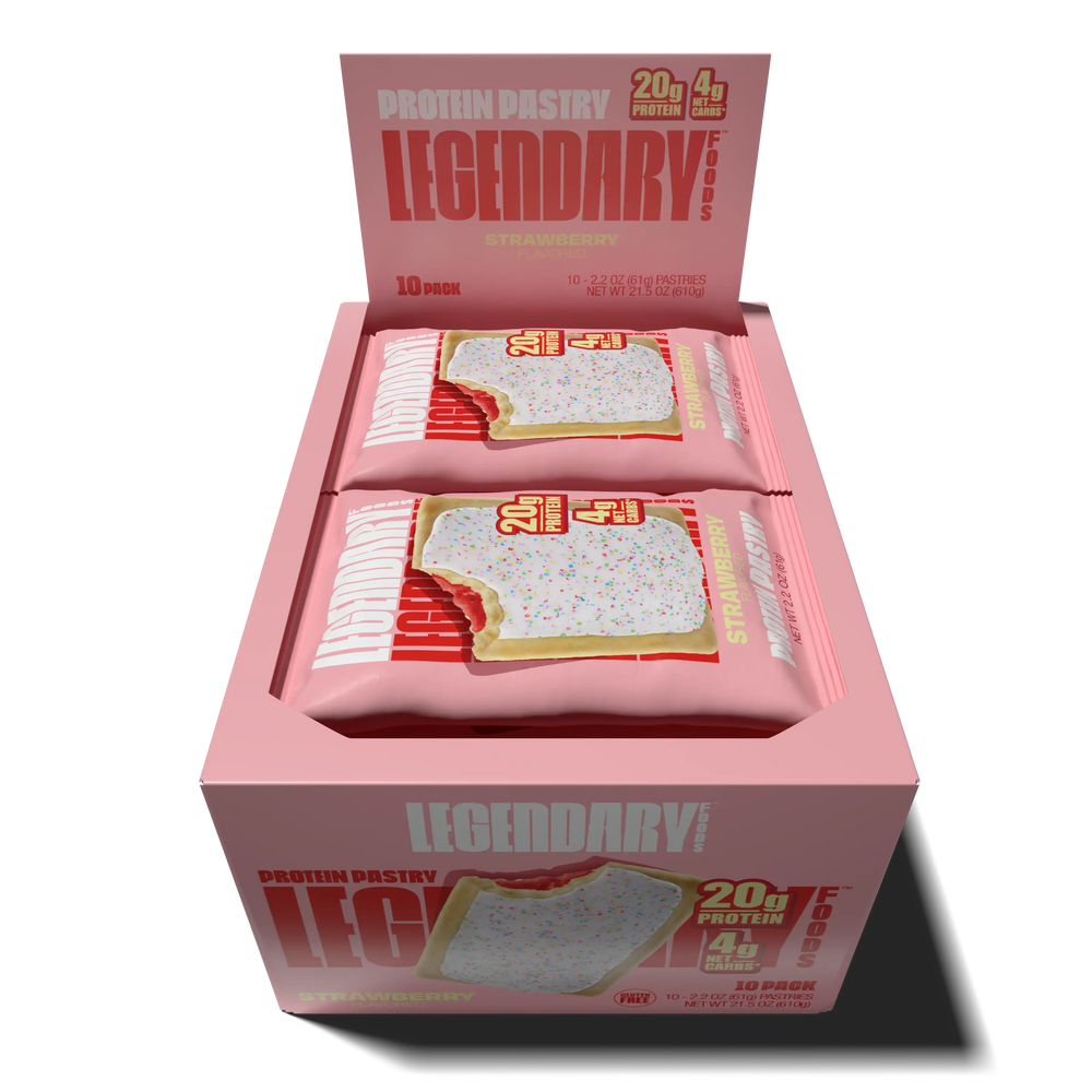 Top down view of an open box of Legendary Foods Strawberry Protein Pastries 