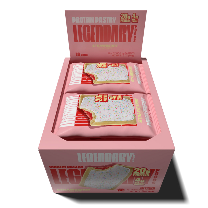 Top down view of an open box of Legendary Foods Strawberry Protein Pastries 