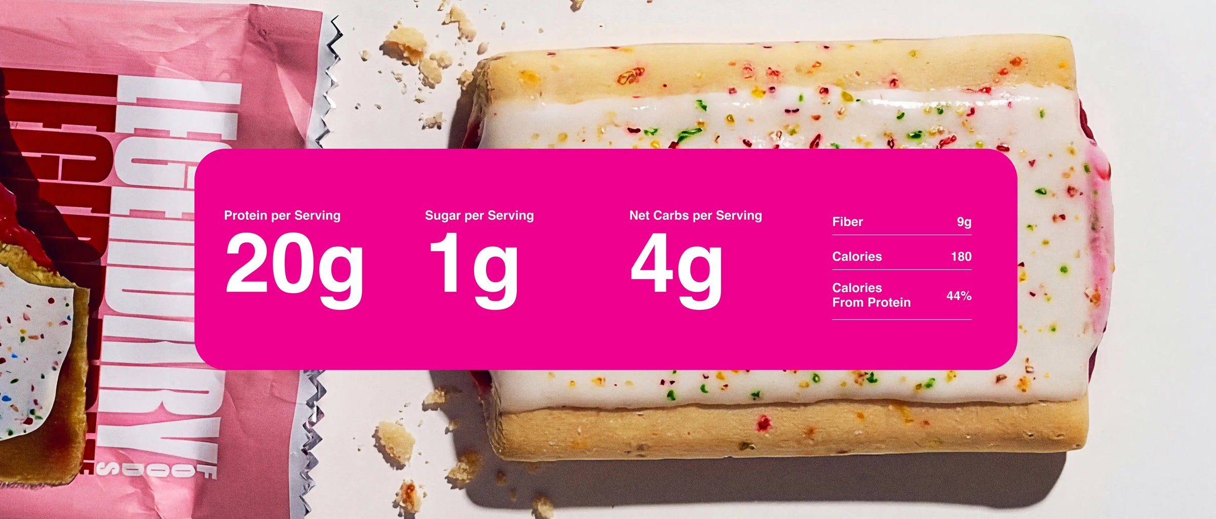 Zoomed in product photography with nutrition information for the Strawberry Protein Pastry
