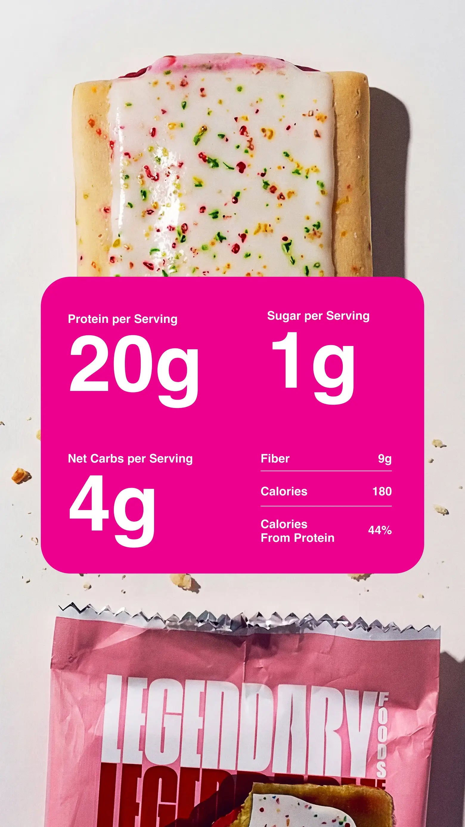 Zoomed in product photography with nutrition information for the Strawberry Protein Pastry
