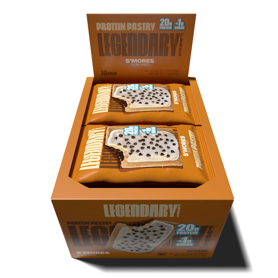 Top down view of an open box of Legendary Foods S'mores Protein Pastries 
