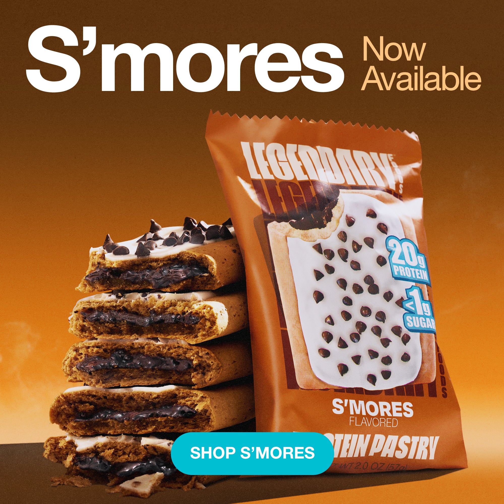 S'mores protein pastry now available. Stacked pastries with gooey chocolate filling. Click to shop.