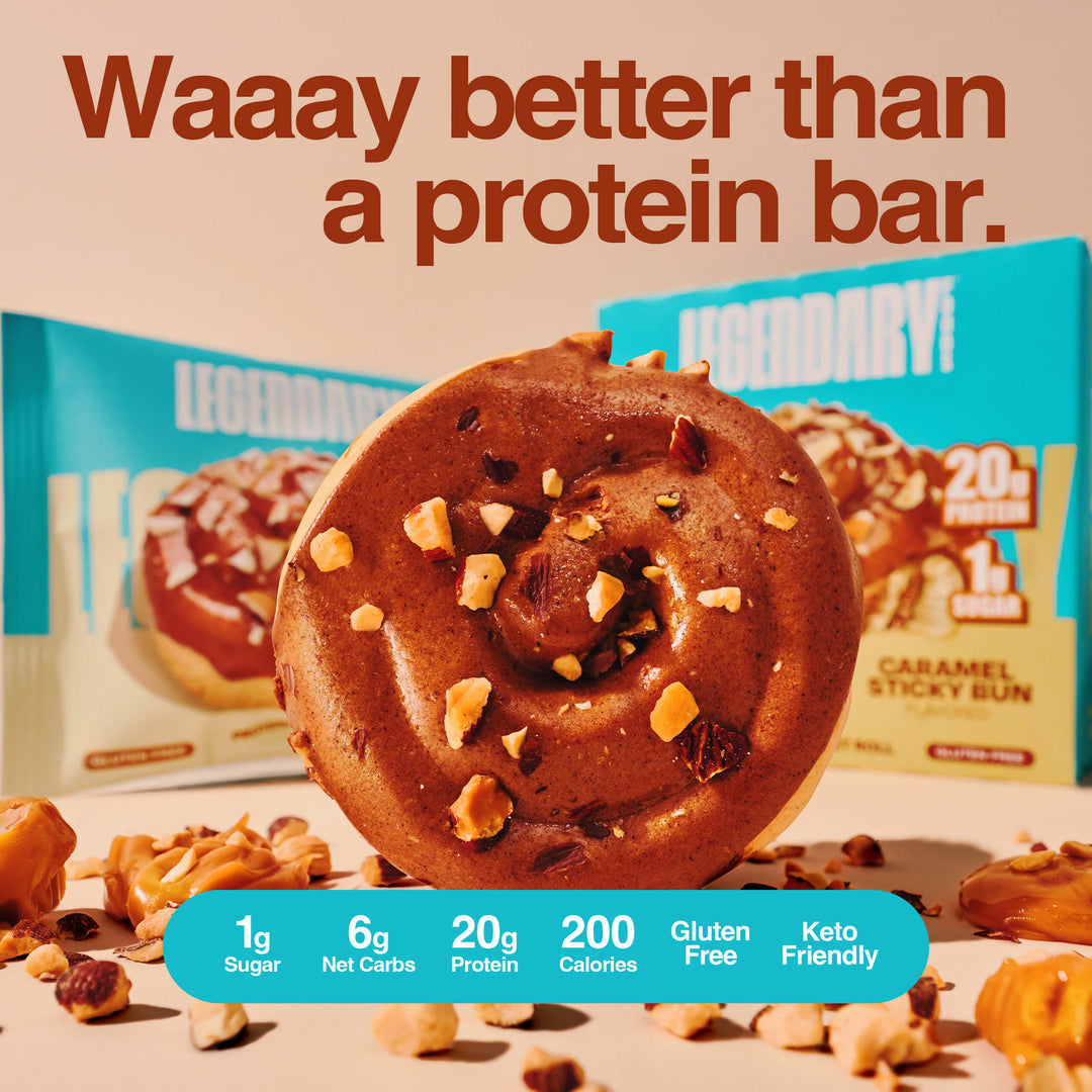 Caramel Sticky Bun protein pastry with packaging, labeled as better than a protein bar with 20g protein and 1g sugar.