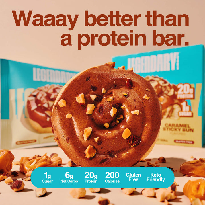 Caramel Sticky Bun protein pastry with packaging, labeled as better than a protein bar with 20g protein and 1g sugar.