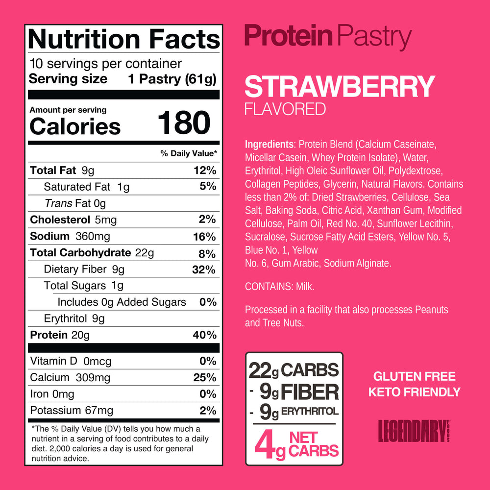 Strawberry Protein Pastry with 20g protein, 1g sugar, and 4g net carbs. Nutrition facts and colorful ingredient panel shown.