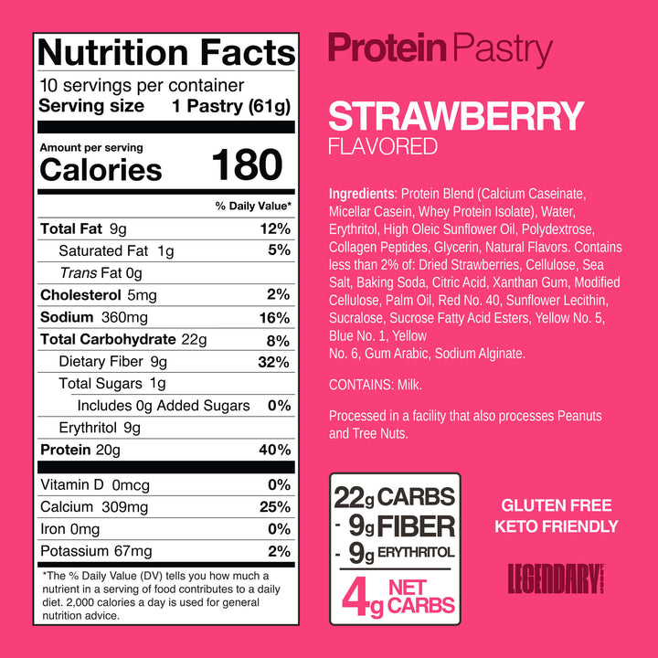 Strawberry Protein Pastry with 20g protein, 1g sugar, and 4g net carbs. Nutrition facts and colorful ingredient panel shown.