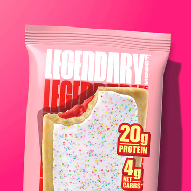 Legendary Foods Strawberry Protein Pastry pack with white icing and colorful sprinkles, 20g protein, 4g net carbs.
