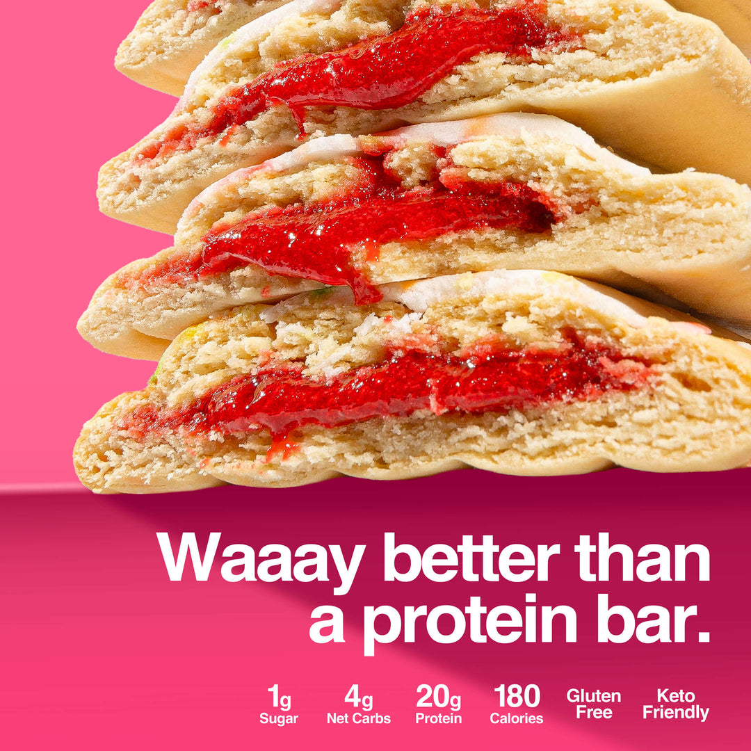 Stacked Strawberry Protein Pastries with red filling. Waaay better than a protein bar. 1g sugar, 4g net carbs, 20g protein, 180 calories, gluten free.
