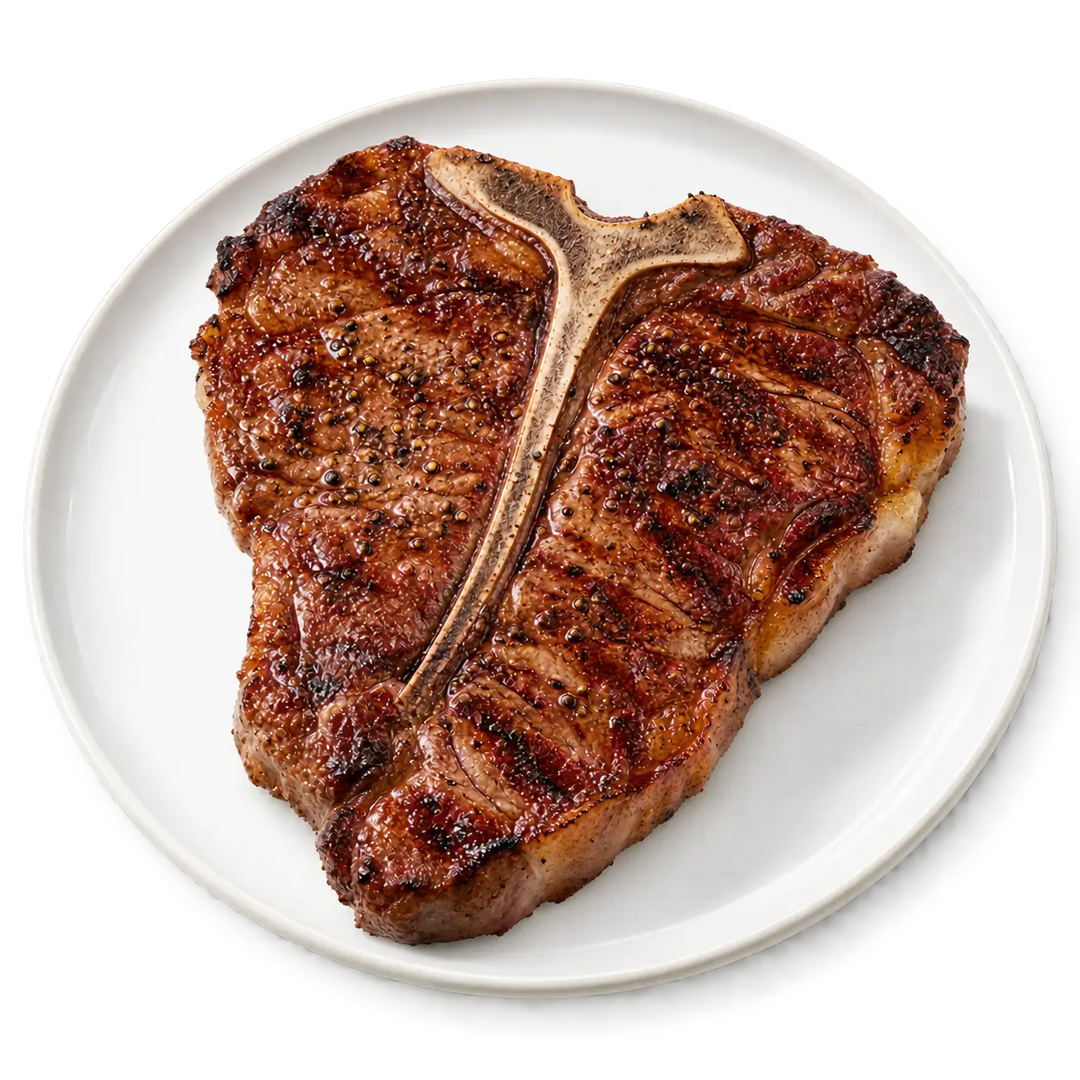 image of a t-bone steak on a white plate