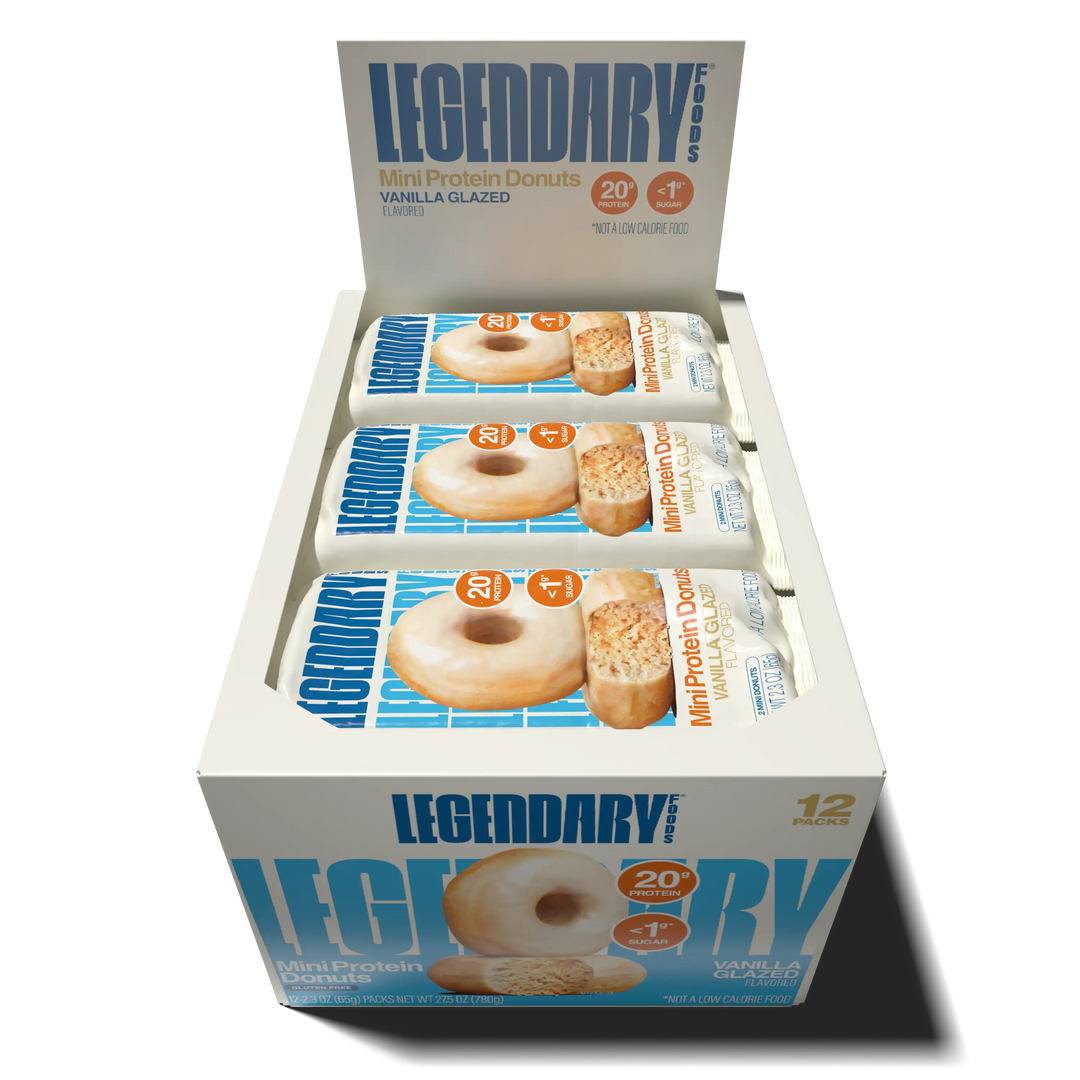 Top down view of an open box of Legendary Foods Vanilla Glazed Mini Protein Donuts