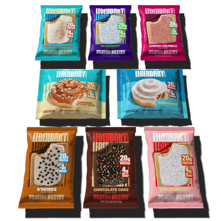 Packages of the Legendary Foods Variety Pack. Includes a protein pastry brown sugar cinnamon, blueberry, cherry crumble, s'mores, chocolate cake, and strawberry. Includes 2 protein sweet rolls of caramel sticky bun and cinnamon sweet roll.