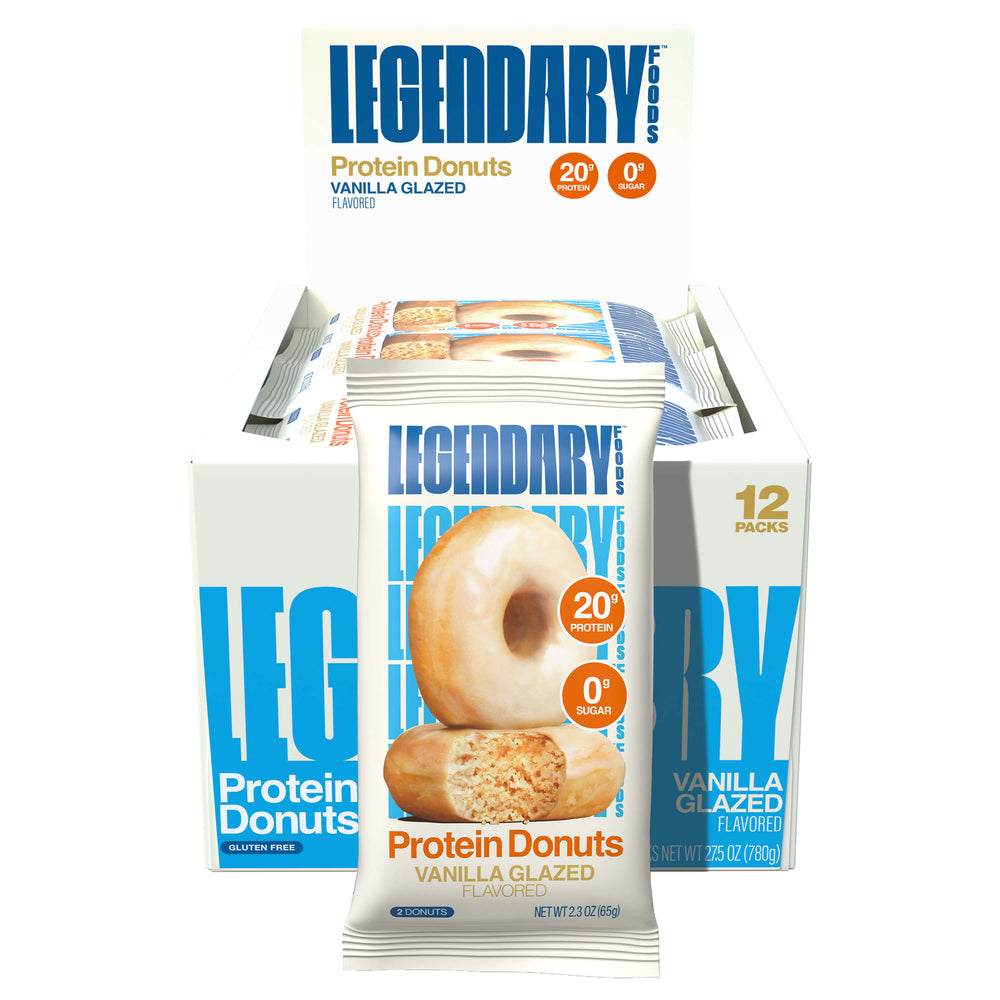 Box of Legendary Vanilla Glazed Protein Donuts with a front pouch featuring a glazed donut and 20g protein, 0g sugar callouts.
