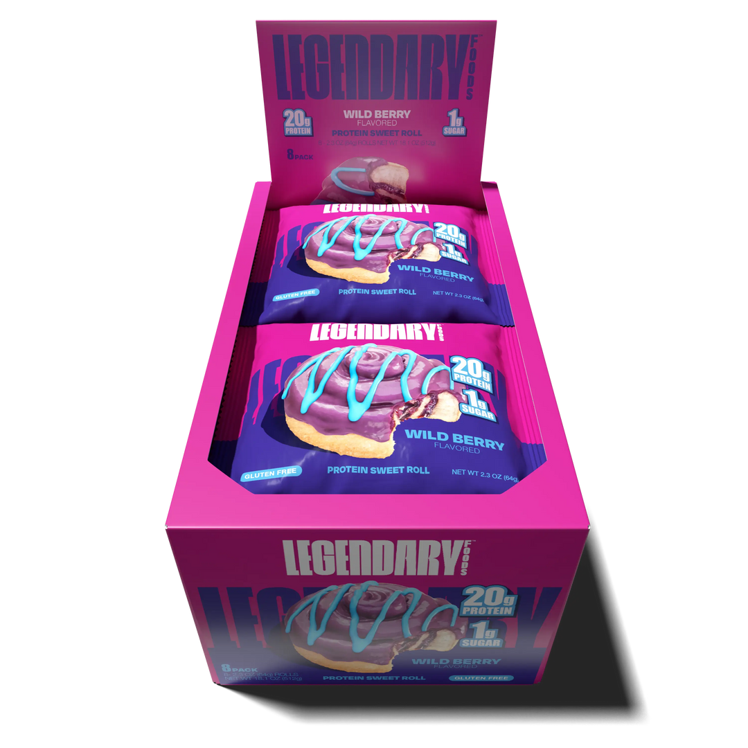 Box of Legendary Foods Wild Berry protein sweet rolls on a transparent background