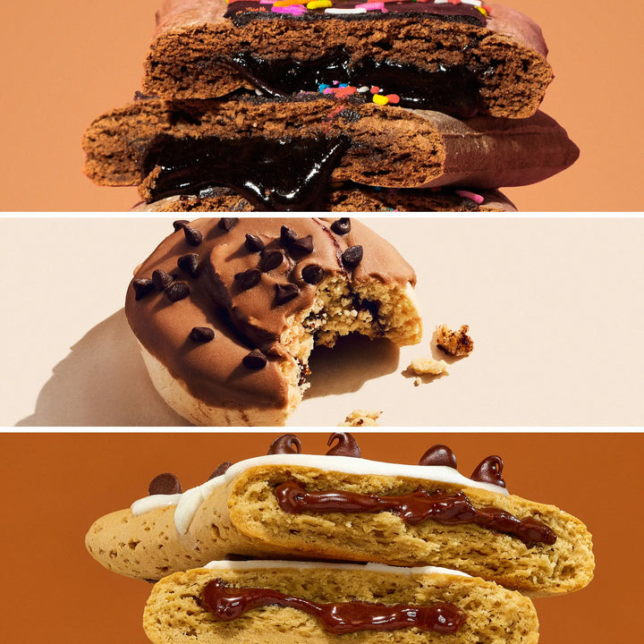 Collage of chocolate-dipped cookies with different fillings on a warm-toned background.