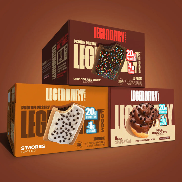 Three boxes of Legendary Protein Pastry on a brown background