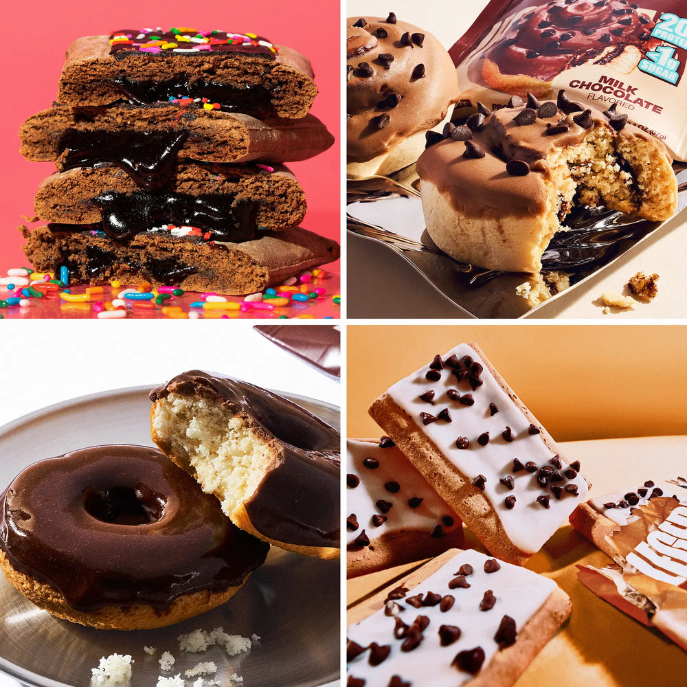 Collage of various doughnuts with different toppings on a colorful background