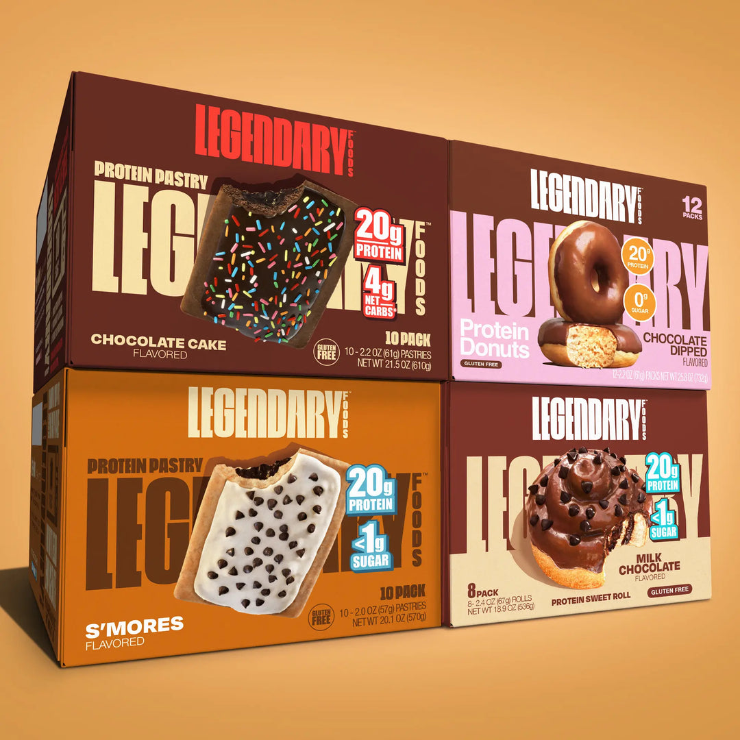 Four boxes of Legendary Protein Pastry on a yellow background