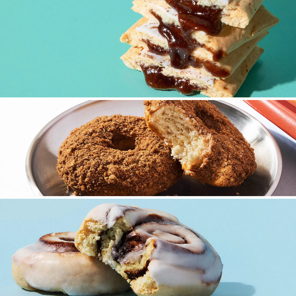 Three images of donuts with different fillings on a blue background