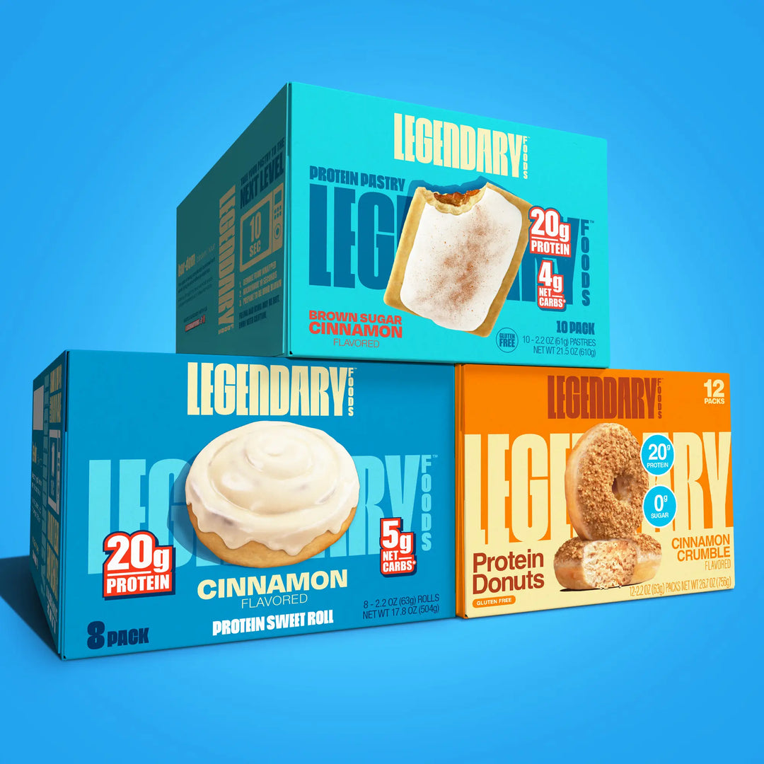Three boxes of Legendary Protein Snacks on a blue background
