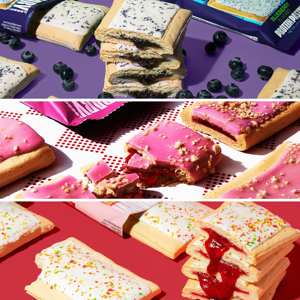 Collage of various pastries with different fillings on a purple and red background.