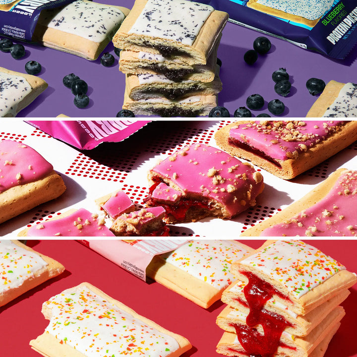 Collage of various pastries with different fillings on a purple and red background.
