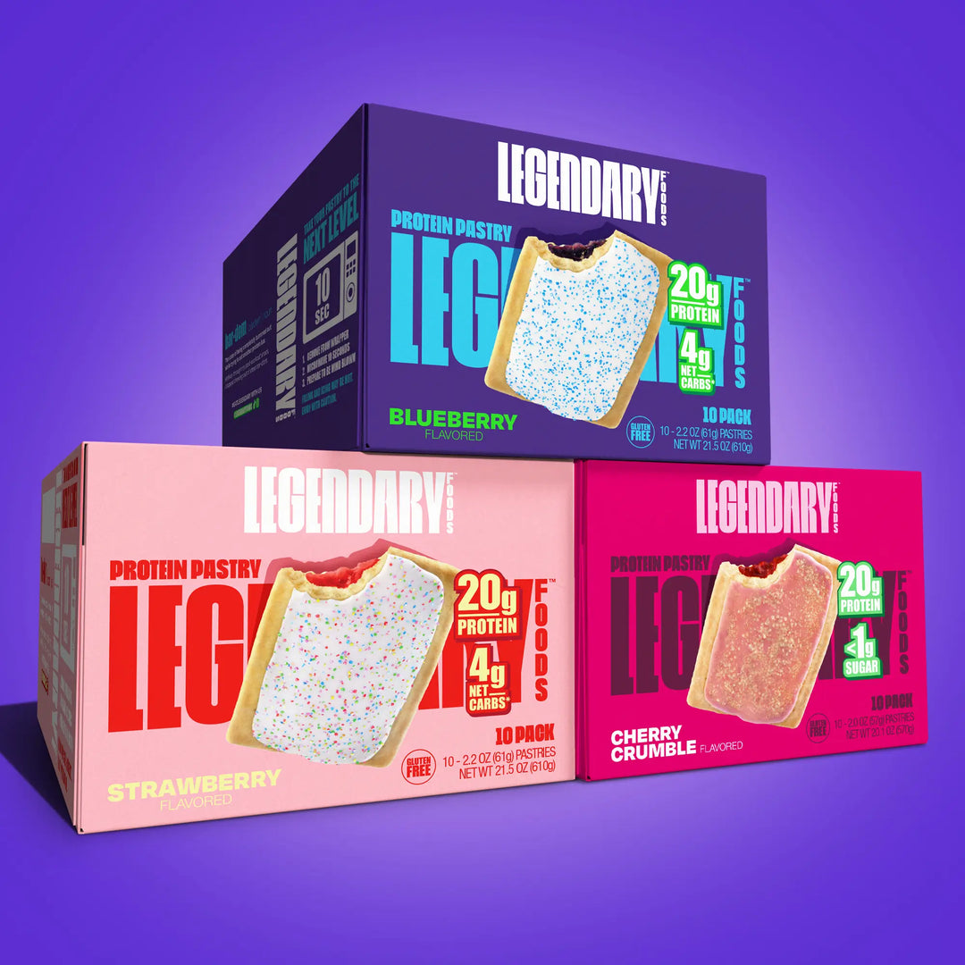 Three boxes of Legendary Protein Pastries on a purple background