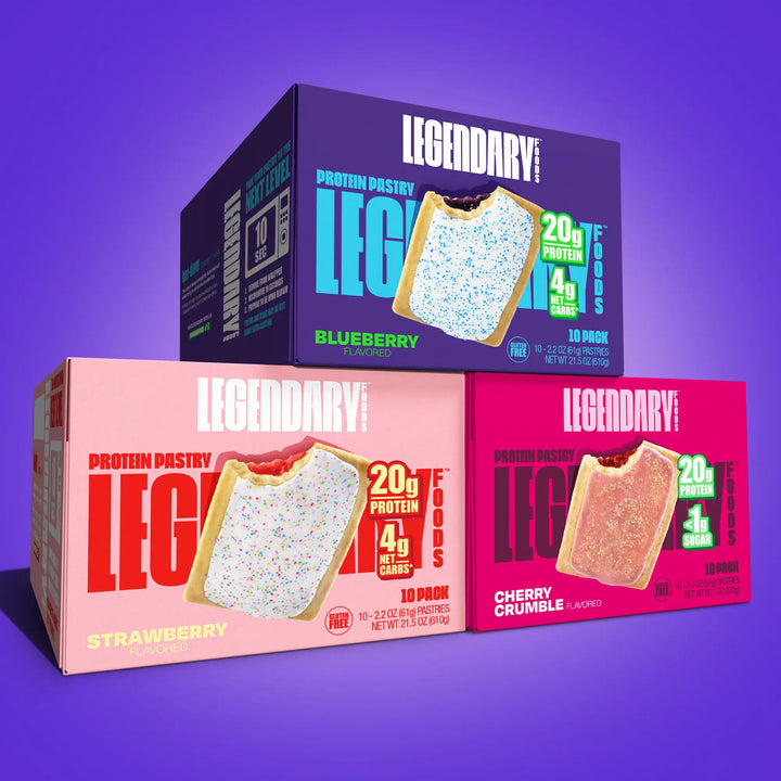 Three boxes of Legendary Protein Pastries on a purple background