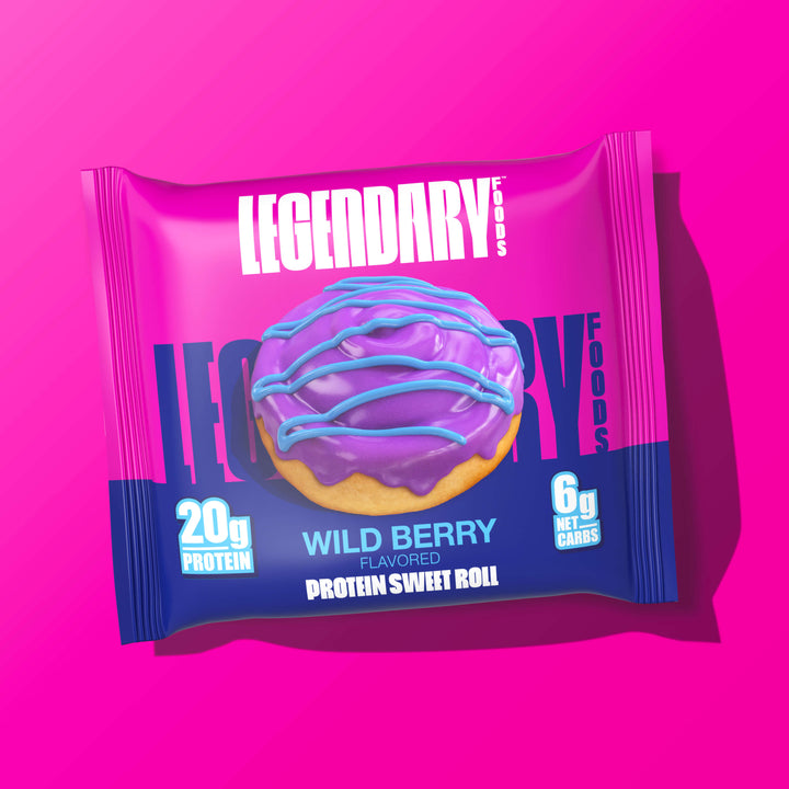 Single package of Wild Berry protein sweet roll on magenta background. 20g protein and 6g net carbs.