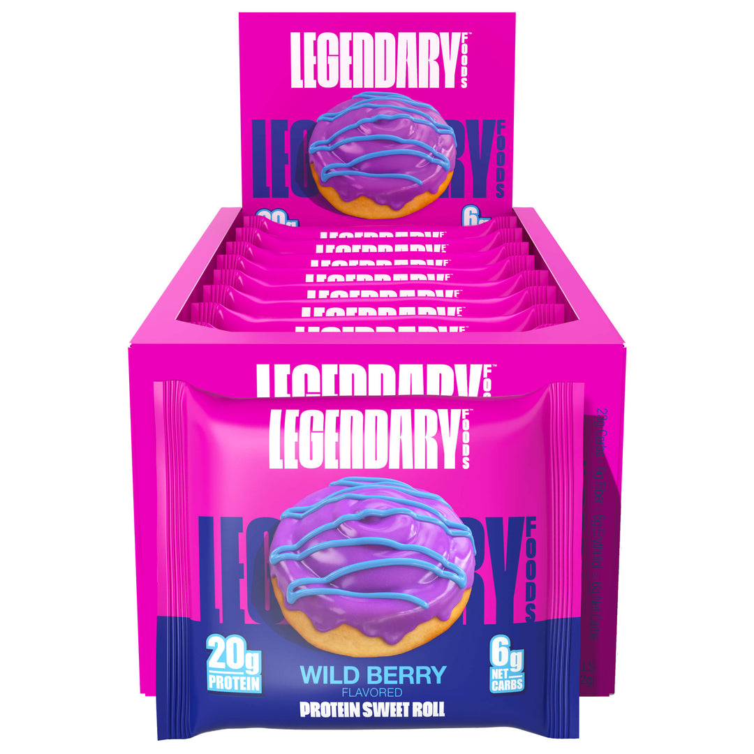 Legendary Foods Wild Berry Protein Sweet Roll 8-pack with purple frosted rolls and blue drizzle. 20g protein, 6g net carbs.