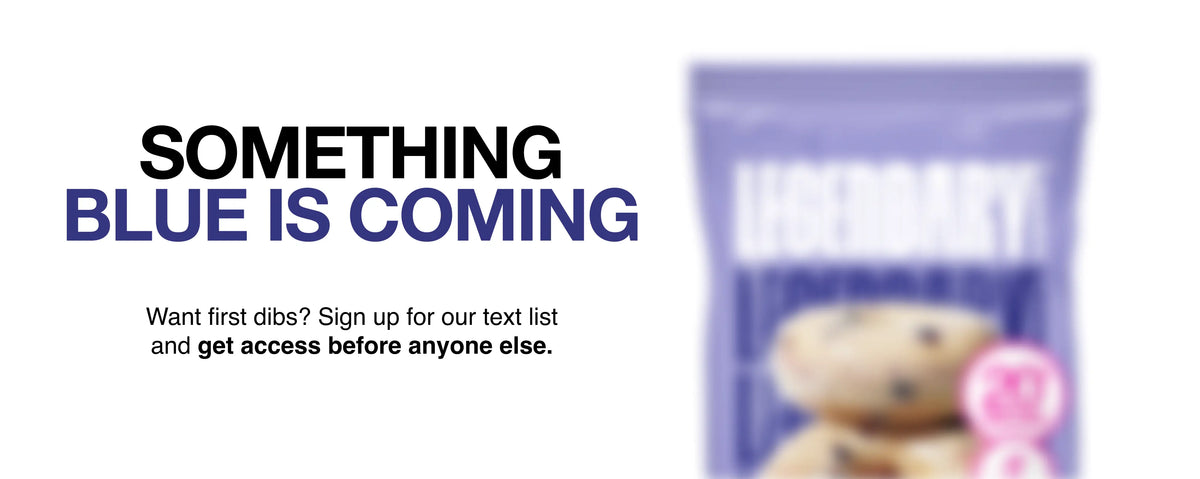 Image of a blurred out blue package with the text "Something Blue is Coming" and a message to sign up for early access by text message below