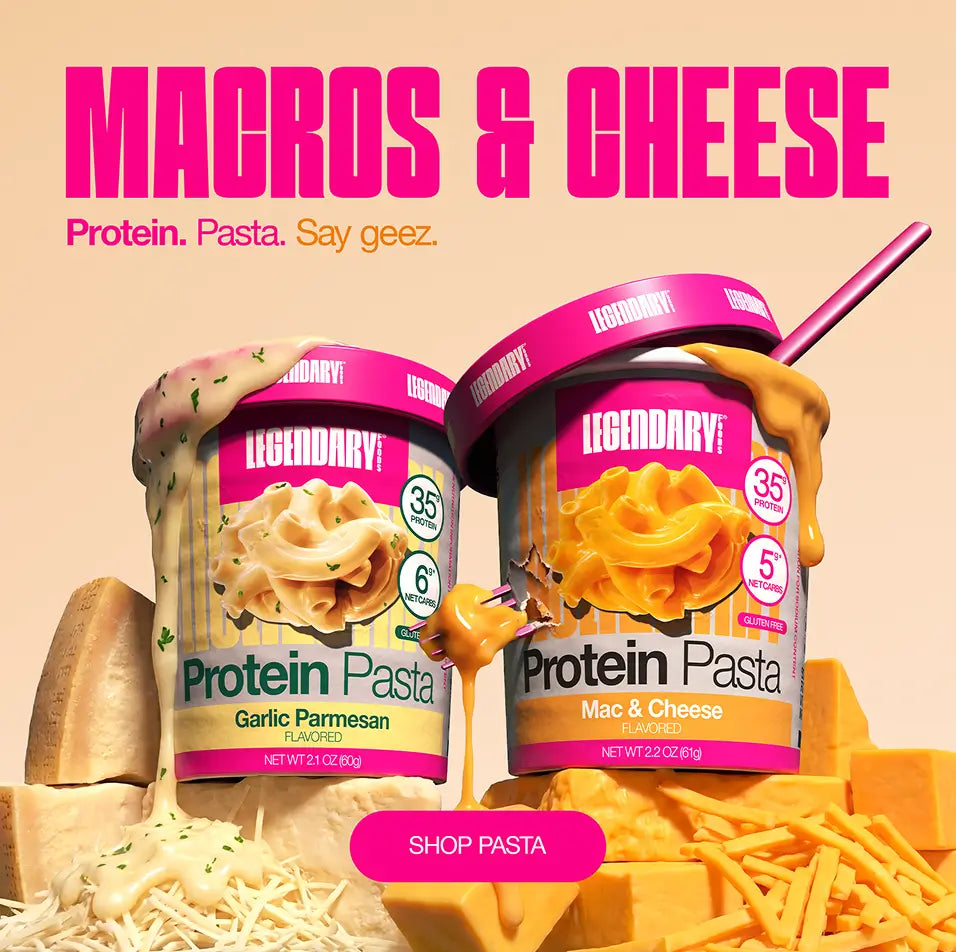 Two containers of Protein Pasta with cheese and noodles on a beige background